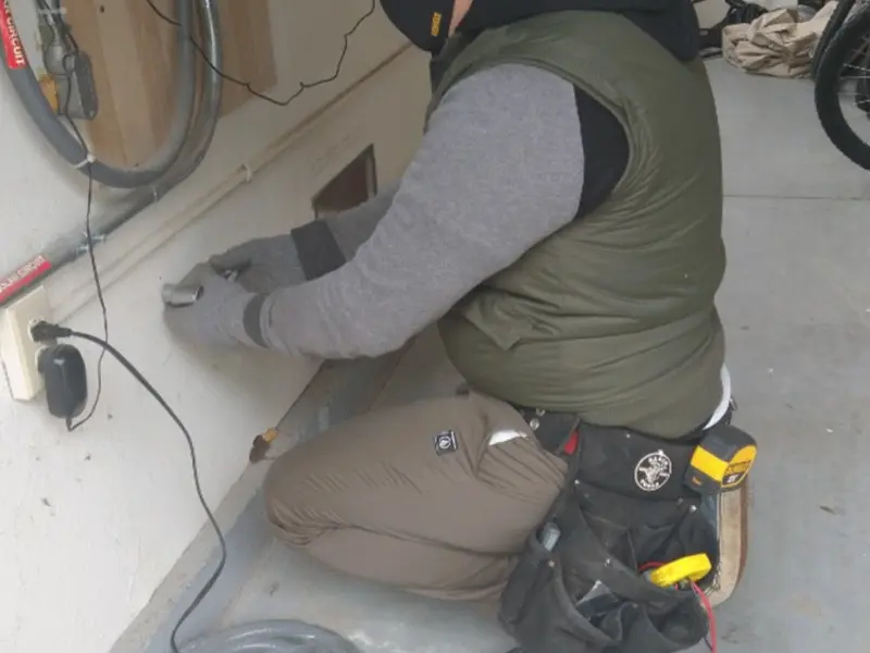 Electrician performing outlet wiring in a Boyne City garage
